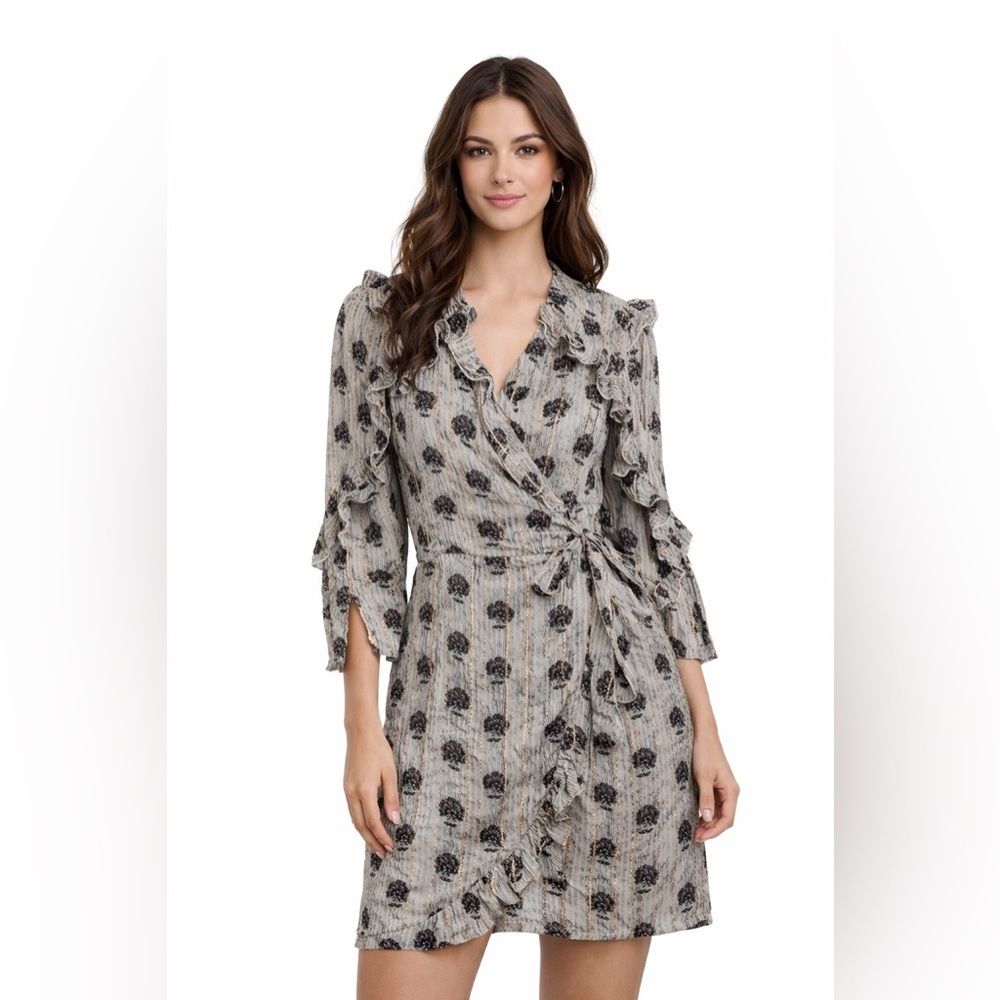 Munthe Floral & Metallic Ruffle Wrap Mini Dress